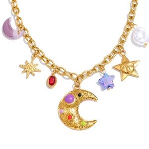 Moon Star Charms 18K Gold Stainless Steel Waterproof Necklace